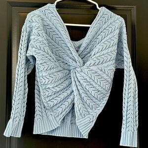 Size small light blue knit sweater knot back off the shoulder